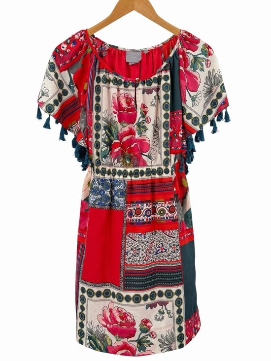 Vanessa Virginia Dresses & Skirts - VANESSA VIRGINIA ANTHROPOOOGIE Women’s Red Boho Tassel Sleeve Dress XS